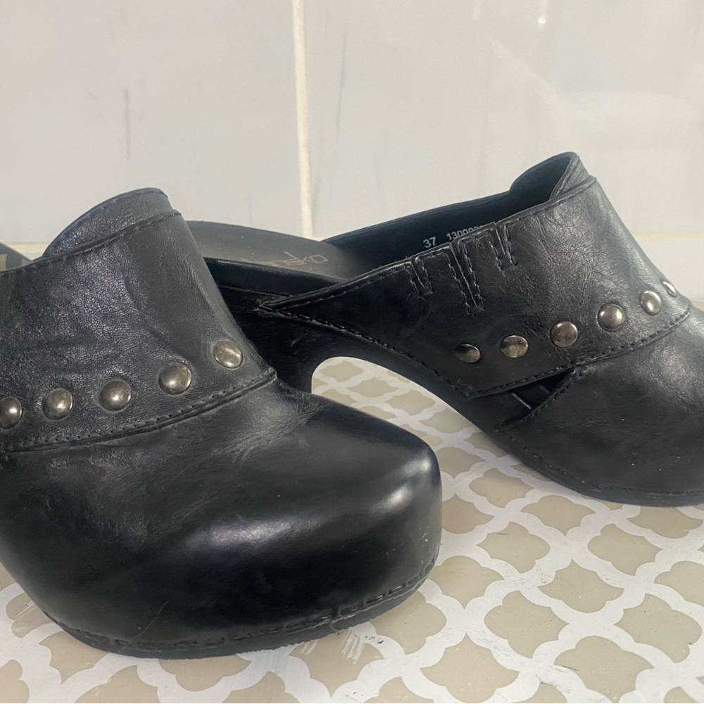 Black Leather Studded Women's Clogs